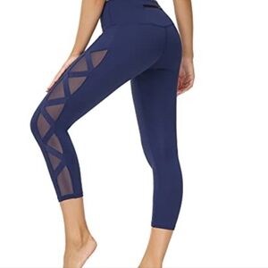 romansong Mesh Criss‎ Cross Panel Leggings Women's Size Large Blue Cropped